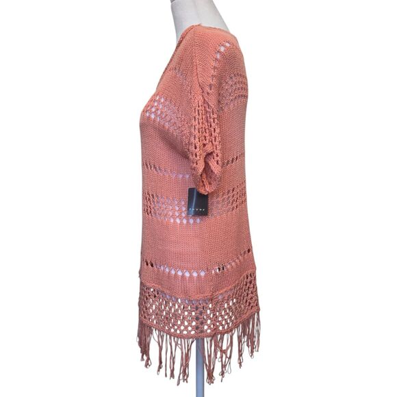 Fever Terracotta Shell Open Knit Crochet Top Small Boho Fringe Hem NWT - Picture 4 of 12